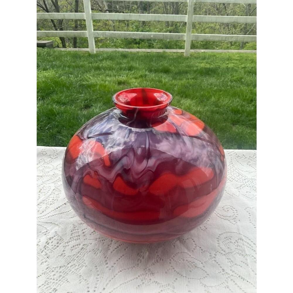 Vintage Deco Kralik Bohemian Czech Tango Orange & Purple Web Art Glass Ball Vase